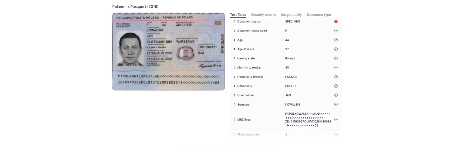 Polish passport in Regula’s interface